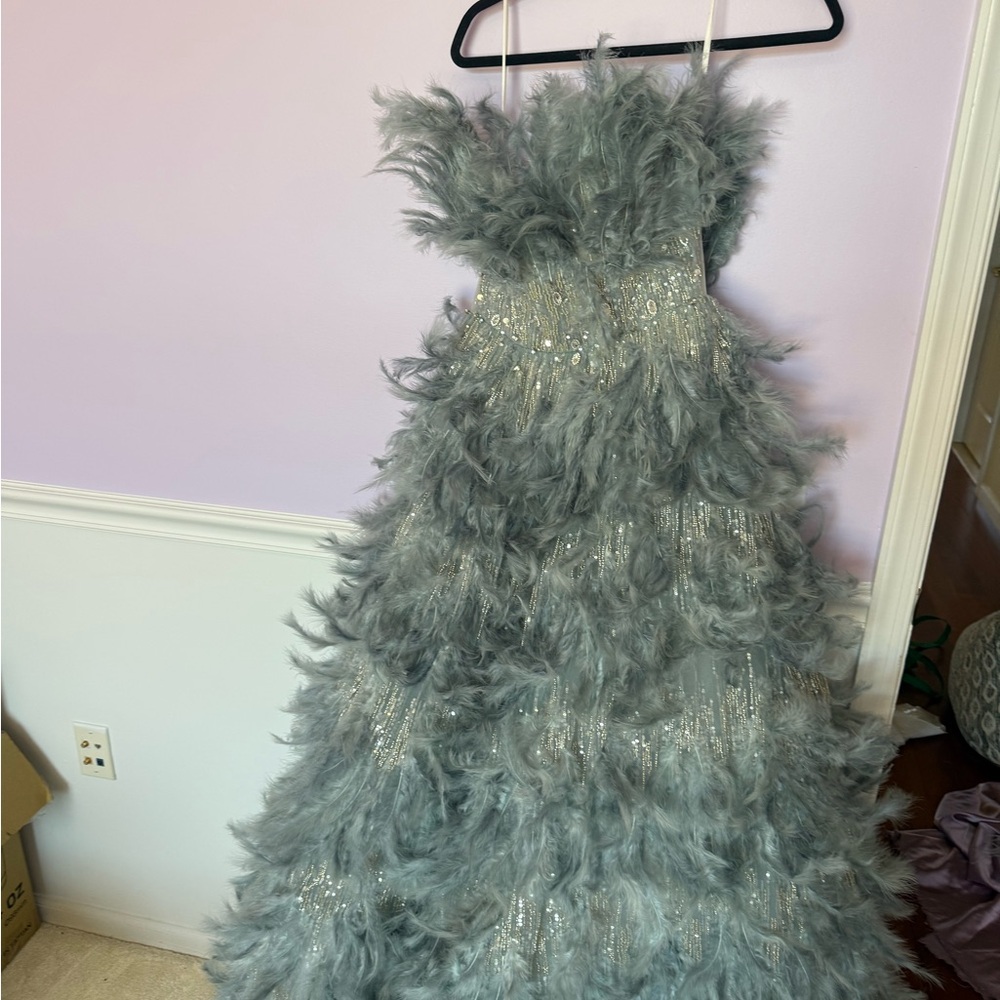 Feathered Sequin Strap Gown - Dusty Blue